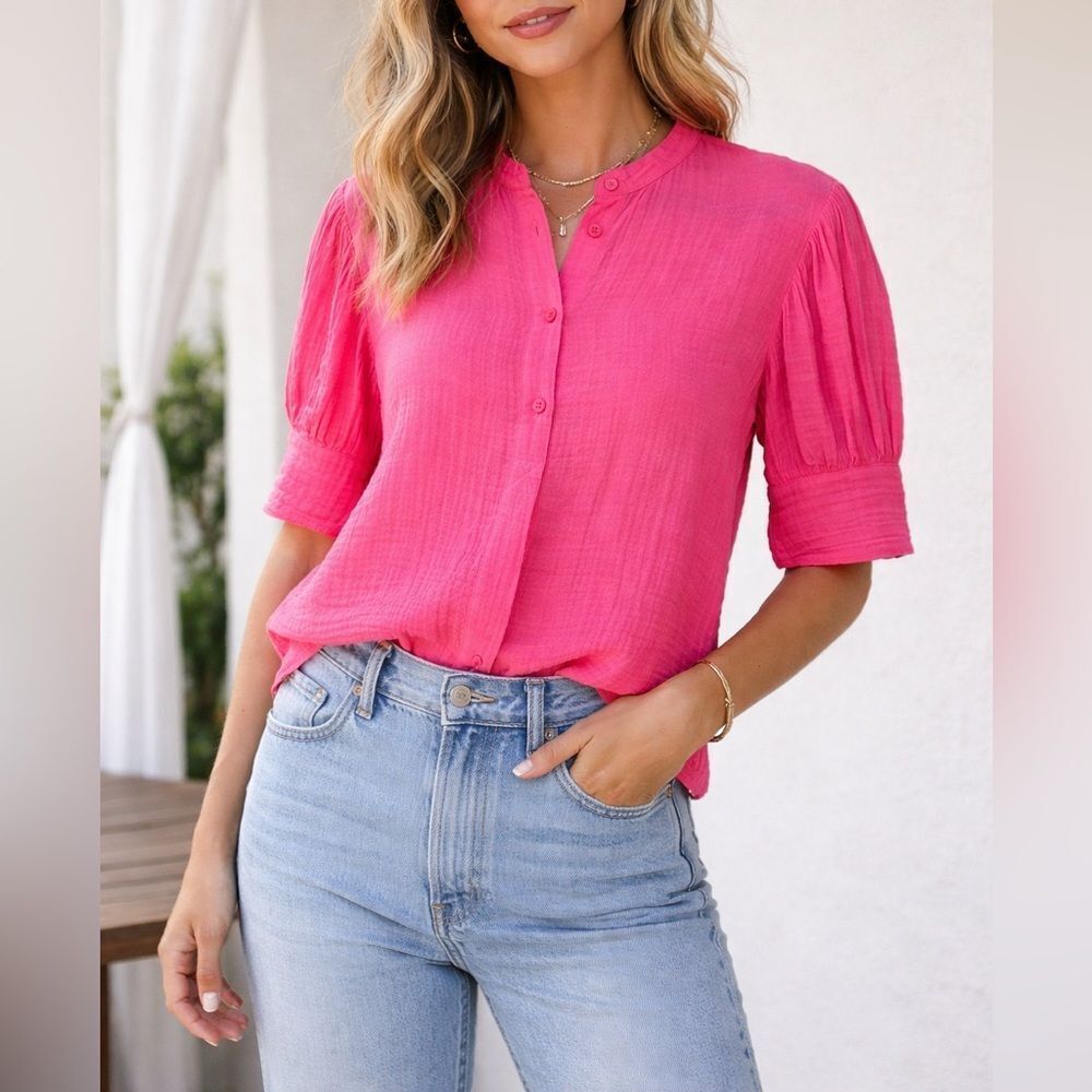 Stark X Pink Cotton Button Front Blouse Puff Sleeve Top Size M